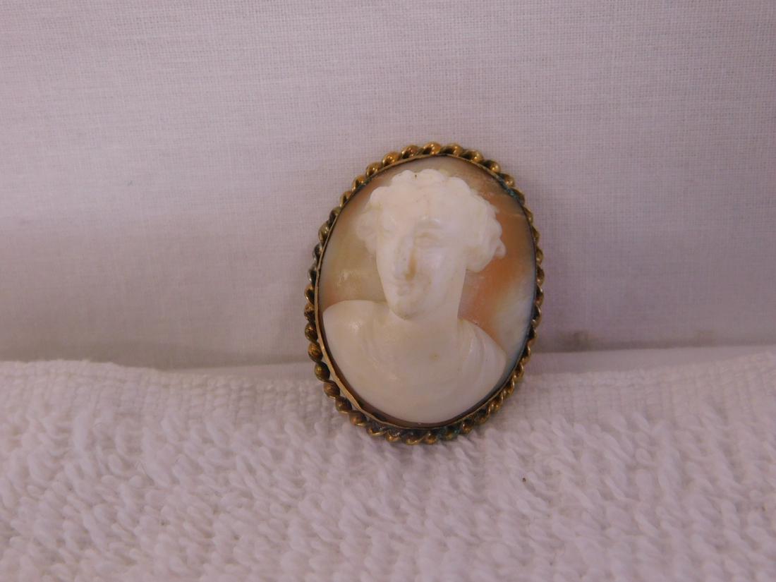 Cameo, Pins and Earrings Group: Cameo, Pins and Earrings Group includes: a gold filled framed high relief shell carved portrait cameo, 1" x 1 1/4", a 14k y gold monogrammed bar pin, 1 1/2", a Victorian gold filled twig and flower pi