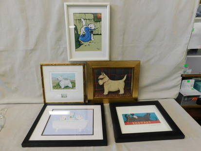 Five Framed Dog Pictures: Five Framed Dog Pictures, includes: Peter Barrett pencil signed 344/5000 print "West Highland White Terrier", matted in gilt frame 10 3/4" x 11"; Mary Evans print "Towser the Dog Tears Things Up", mat