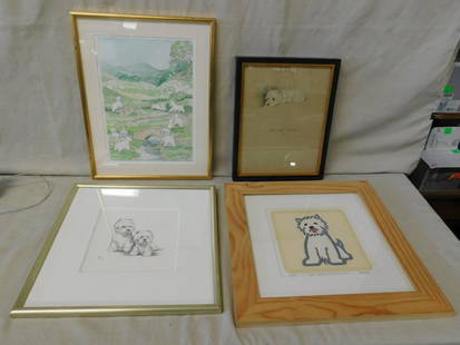 4 Framed Terrier Pictures: Four framed Terrier pictures includes: Timothy White print - reclining terrier, black frame 12 1/2" x 9 3/4"; B02 08 pencil signed pencil drawing 2 terriers in gold frame 13 3/4" x 13 3/4"; B02 06 pen