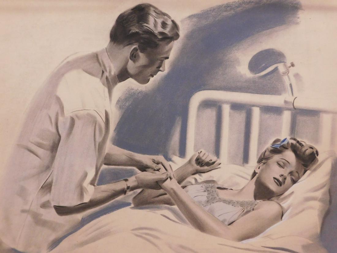 Doctor & Patient Illustration Art: Doctor and Patient Illustration Art, unsigned, pastel on board, the doctor holds the hand of his female bed ridden patient, verso with copyright label by the Curtis Publishing Co. The Saturday Evening