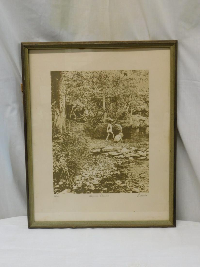R(ichard) Ehrlich Lithograph: R(ichard) Ehrlich Lithograph, pencil signed, 104/350, "Woodstock Children", depicts two nude children in a creek in a forest, paper size 20" x 1 51/2", wood frame 21" x 17". [D] CONDITION: Very good.