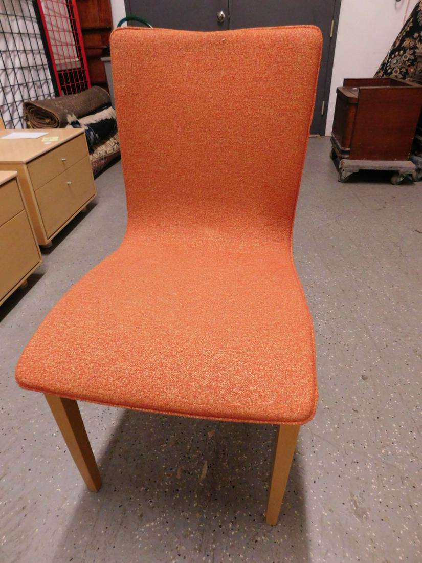 French Side Chair: French side chair, by Linge Roset - France texture orange cloth upholstery on Birch tapered leg base, 21st c. hgt 34". CONDITION: Very fine