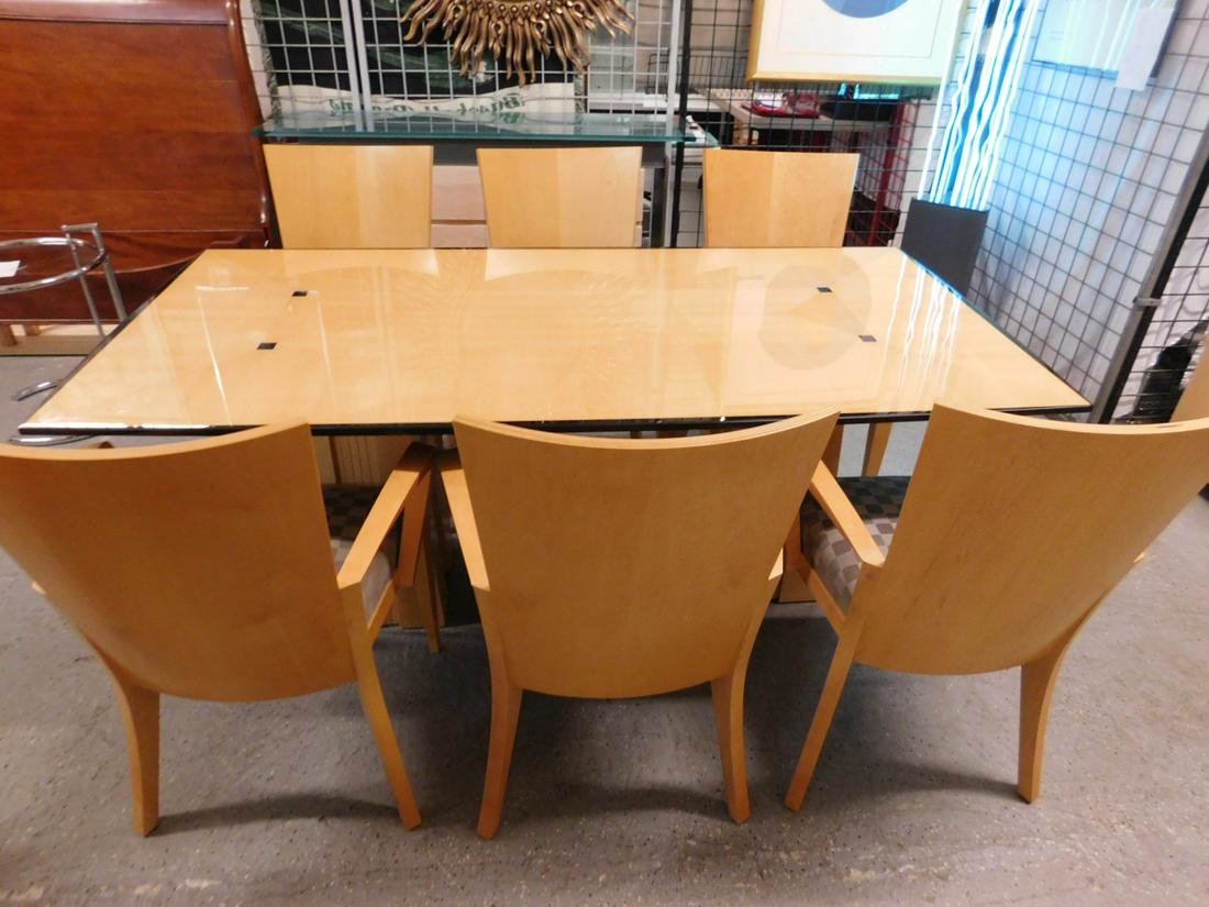 7 Pc Modern Era Dining Room Set: Seven Piece Modern Era Dining Room Set by Dakata Jackson Inc, includes: a birch top table with ebonized border and lock inlays, upon two tapered and reeded four sided pedestals (36" x 72" x 29 1/2"),