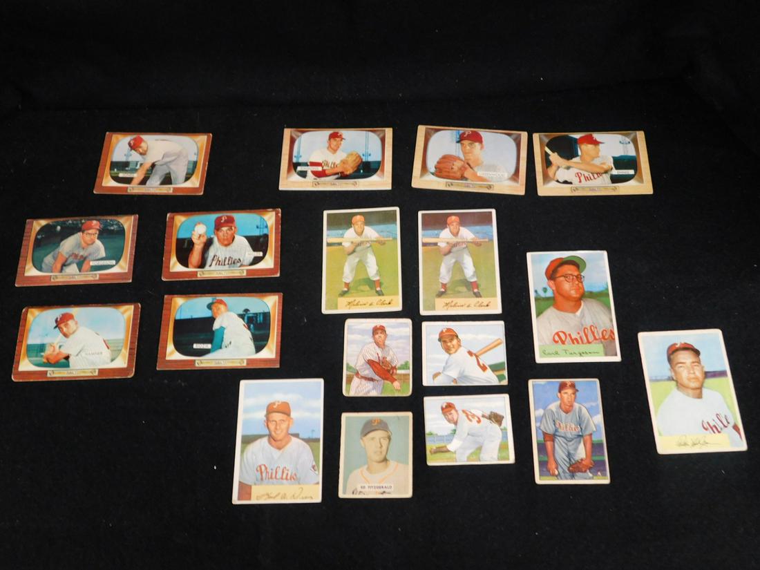 1950s Bowman Phillies Baseball Cards: 1950s Bowman Phillies Baseball Cards, including: 1949 - Ed Fitzgerald (#201), three 1950 Picture Card Collector's Club - John Thompson (#120), Andy Seminick (#121) and Sylvester Donnelly (#176), 1952
