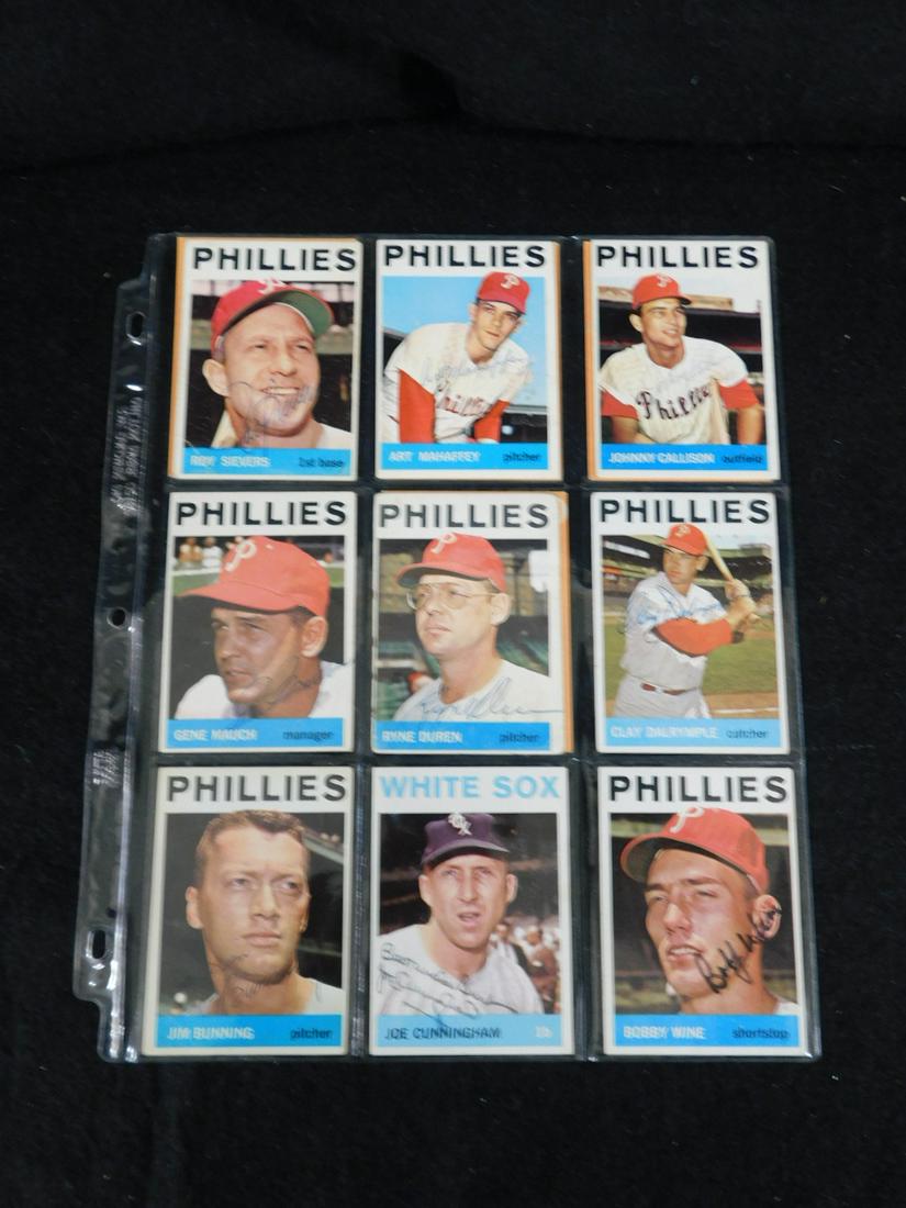 Topps 1964 Autographed Baseball Cards, Phillies: 13 Topps 1964 Autographed Baseball Cards, Philadelphia Phillies (unless noted), including: Roy Sievers, card #43, Art Mahaffey, #104, Johnny Callison, #135, Gene Mauch, #157, Ryne Duren, #173, Clay Da