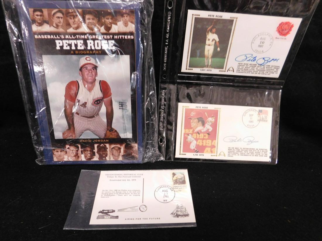 Pete Rose & Other Signed Collectibles: Pete Rose and Other Signed Collectibles, including: two signed silk cachet Pete Rose envelopes - Aug 10 1981 when he became the NL all Time Hits and Sept 11 1985 when he became MLB all Time Hits, one