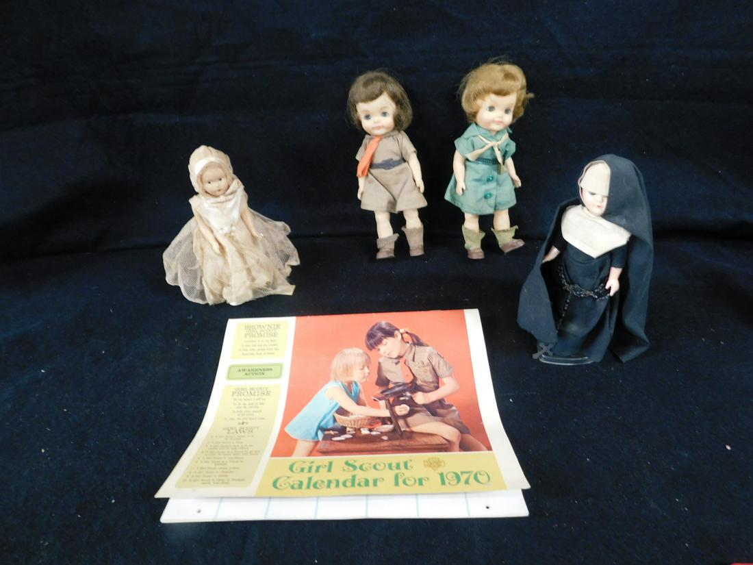 4 Vintage Dolls - Girl Scout & Religious: Four Vintage Dolls - Girl Scout and Religious, lot includes: Effanbee Girl Scout doll "Fluffy", 8" tall; Effanbee Brownie Scout doll, 8" tall; Storybook Nun 7 1/2" doll with sleep eyes; and 7" composi