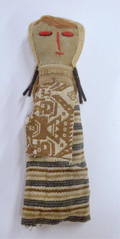 Antique Native American Indian Doll: Native American Indian Central Plains style doll, woven cloth over corn musk body, 19th/20th c., length 11 1/8". Condition: Slight fraying to hem of dress.