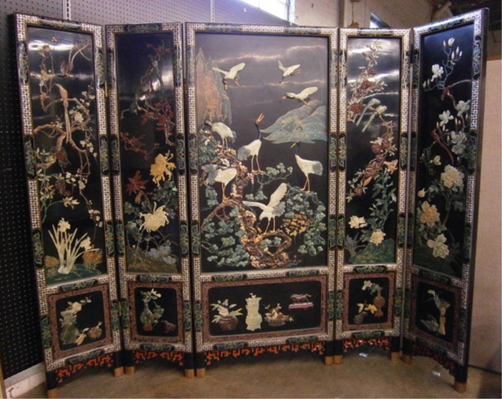 Chinese Coromandel Screen: Chinese Coromandel screen, 4 black lacquered panels with soapstone & polychromed nature scenes & floral urn base panels mother of pearl borders, mid to late 20th c., hgt 74 1/2", approx. length 93". C