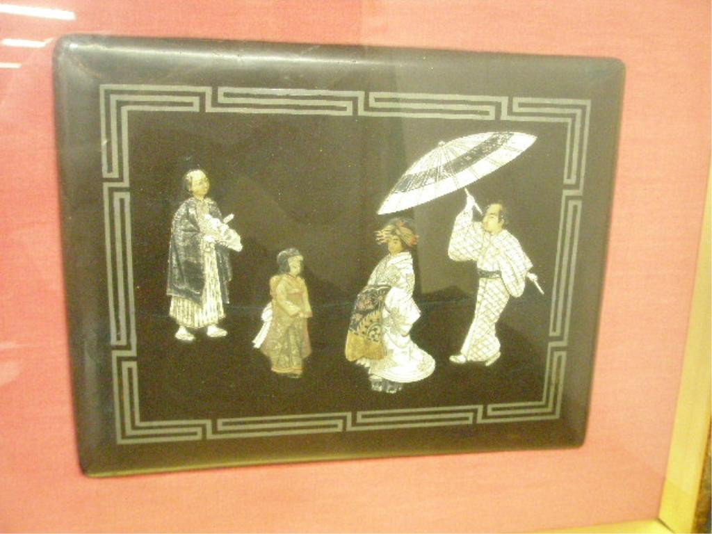 Chinese Ivory & Lacquered Placques Depict: Chinese Ivory & lacquered placques depicts, Noble woman with 3 servants, ivory or bone & soapstone inlays, polychromed silver border, set into red silk mat & gilt shadowbox frame, late 19th c., placqu