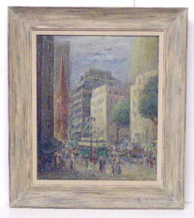 Ary Stillman Oil on Canvas: [Ary] Stillman, signed, oil on canvas, "Street Scene, Fifth Avenue, New York", 1944. [Provenance: Stillman-Lack Foundation, Houston]. [Label on stretcher verso: "Gumps / San Francisco"] 24"h x 19 1/2"