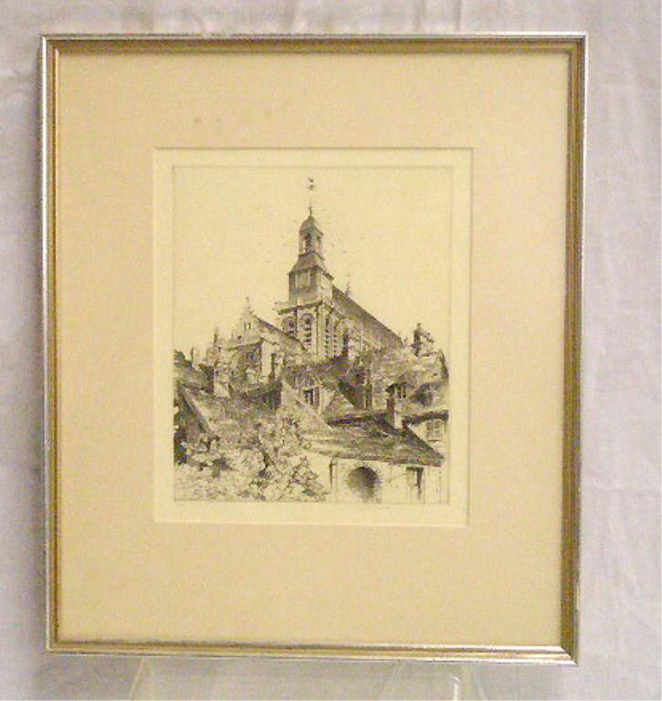 John Taylor Arms Etching: John Taylor Arms, 1932, signed and dated in graphite, within margin, etching [ed. 100], Continental cathedral, [Charles Sessler, Inc. Philadelphia gallery label verso]. 11"h x 9 1/4"w=image; 18 1/2"h