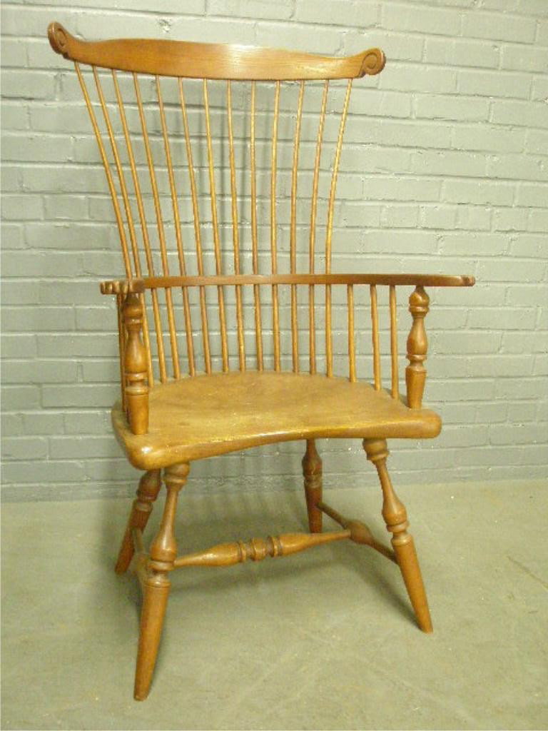 Comback Windsor Armchair: Comback Windsor armchair, hickory & maple, signed "Duckloe Bros, Inc., Colonial Reproductions Portland, PA", mid 20th C, height 45 3/4". Slight wear to seat.
