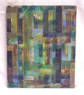 Ary Stillman Oil on Canvas: [Ary] Stillman, signed, oil on canvas, "Interlacing Colors", c. 1950. [unframed] [Partial exhibition label verso: Bertha Schaefer Gallery, New York] [Graphite inscription on tape verso: "#52/ Impressi