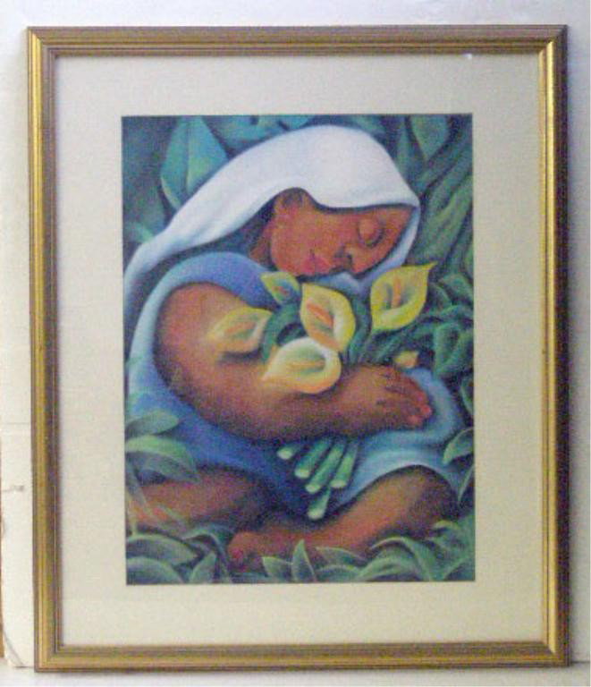 Manner of Diego Rivera Unsigned Pastel: Unsigned pastel, woman nestling flowers, in the manner of Diego Rivera, 24 1/2" h x 18 1/2"w = image; 33 3/4"h x 28 1/4"w= frame Condition: Not examined out of frame; no evident issues.