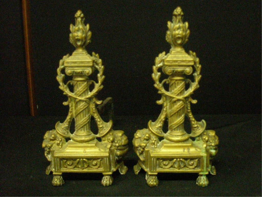 Pr Louis XIV Style Andirons: Pr Louis XIV style andirons, cast brass in cornucopia embellished column form with claw feet, mid 20th c. hgt 13 3/4". Condition: No issues identified.