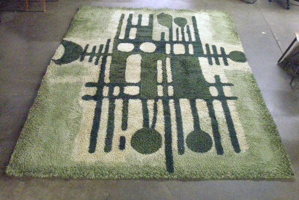1960's Ege Rya, Denmark "Van Guard" Carpet: 1960's Ege Rya, Denmark "Van Guard' carpet, 8' 2" x 14', abstract in greens & ivory. Condition: No issues identified.
