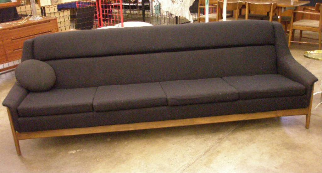 DUX Swedish Sofa: DUX Swedish Scandinavian Modern four-place sofa, hardwood frame of typical form with original black woven upholstery. 98"=L Condition: Some soiling to upholstery; minor abrasions to one leg.