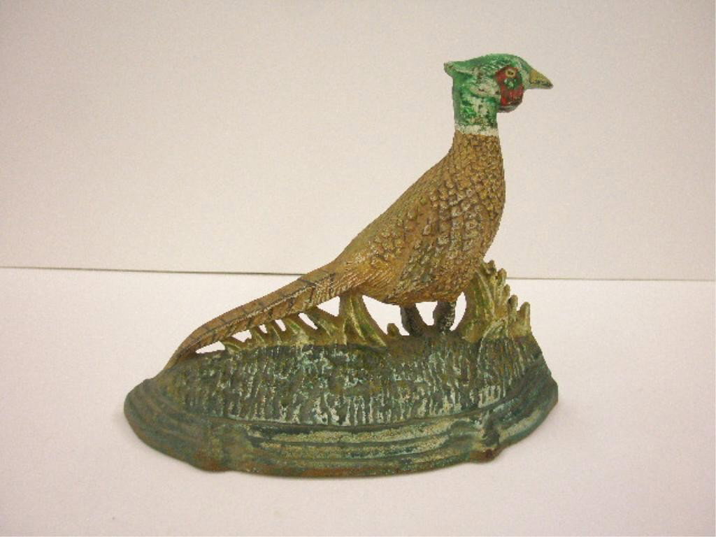 Vintage Cast Iron Pheasant Doorstop: Vintage painted cast iron 10" x 8" Pheasant doorstop. CONDITION: Areas with wear & or loss.
