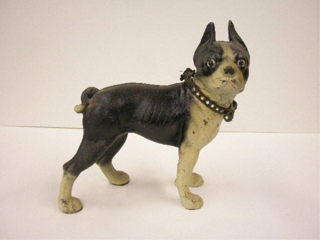 Hubley Cast Iron Boston Terrier Doorstop: Antique Hubley painted cast iron 10" x 10" Boston Terrier doorstop. CONDITION: Areas with minor wear & or loss.