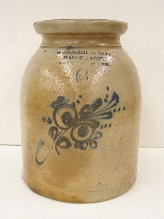 19th c. Walker & Co. Decorated Stoneware Crock: Late 19th c. Walker & Co., Boston Mass, blue floral decorated stoneware 10 1/2" six gallon crock. CONDITION: No lid, 3/4" chip on top rim, spider cracks on base with 1 going into body, staining.