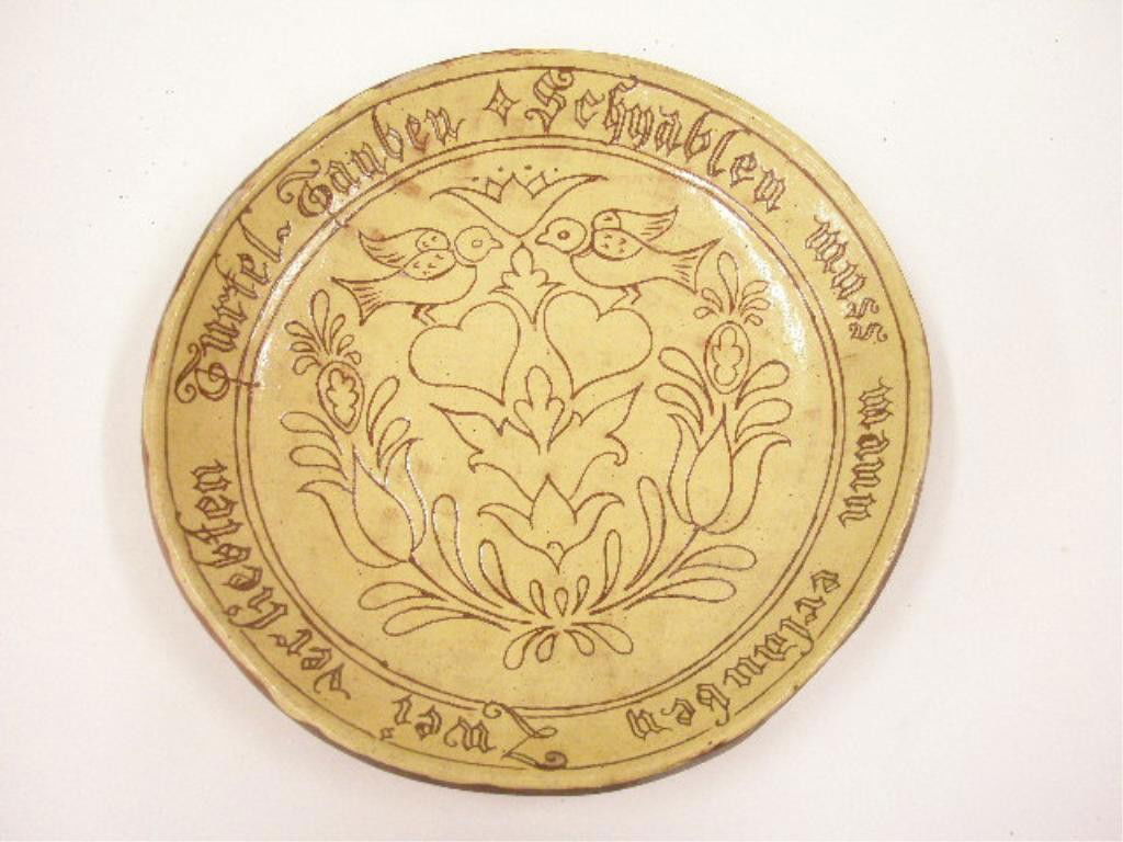 1940's Redware Sgraffito Decorated Plate: Nelson (?) Groff 1947 signed Redware 10" plate with sgraffito bird & floral decoration. CONDITION: Very good with minor wear.