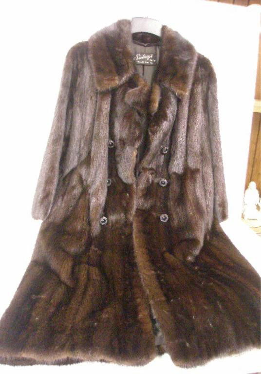 Vintage Ranch Mink Full Length Coat: Vintage Sidney's Furs Ranch Mink 41" full length coat with embroidered silk lining & triple button & loop closures, 17" shoulder to shoulder. CONDITION: Very good, name stitched on lining.