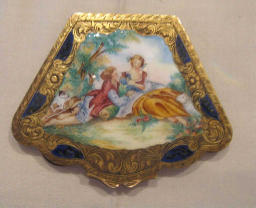 Vintage 800 Silver & Enamel Compact: Vintage Continental 800 silver & enamel 4" x 3 1/8" compact, courting scene on top, beveled mirror, floral & scroll engraved gold wash over silver. CONDITION: Excellent