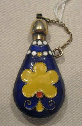 Antique Russian Silver & Enamel Scent Bottle: Antique Russian silver & enamel scent bottle, blue, yellow & white enameling, screw on top marked 916 Russian silver mark. 2 1/4" x 1 1/8" pear shaped. CONDITION: Good