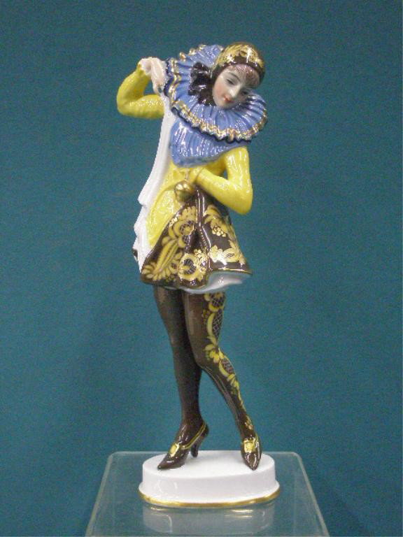Rosenthal Porcelain Pierrette Figure: 1920's Rosenthal porcelain model No. 579 Pierrette 12 3/4" figure, hand painted, designed by Constantin Holzer Defanti. CONDITION: Very good with no damage.