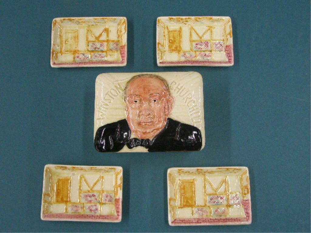 English Pottery Winston Churchill Cigarette Set: c. 1941 Lancaster & Sons English Ware British pottery five piece Winston Churchill cigarette set, 3 1/2" x 1 1/2" x 2 3/4" cigarette box with likeness of Churchill on lid, modeled and designed by F.H.