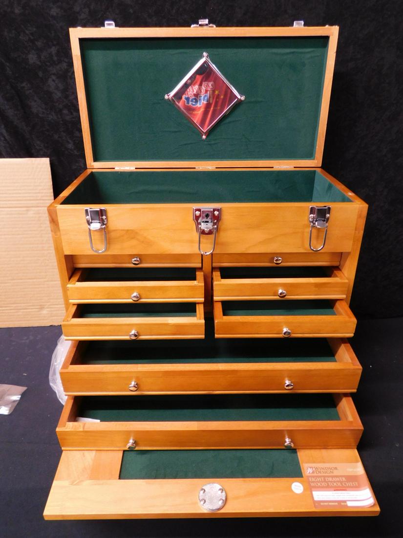 Cherry Machinist Chest: Cherry Machinist Chest, by Windsor Design, Item 62585, lift lid with mirror and velour lining over fold down door revealing eight lined drawers; chromed hardware, includes keys, 19 7/8" x 10 3/4" x 17