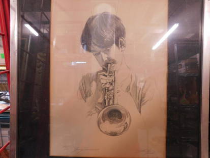 (Sheldon) Shelly Fink Lithograph: (Sheldon) Shelly Fink Lithograph, pencil signed, 45/125, "Young Musician", boy playing trumpet, sight 14" x 10", matted in silvered frame 21" x 17". CONDITION: Very good, wear to frame. Not examined o