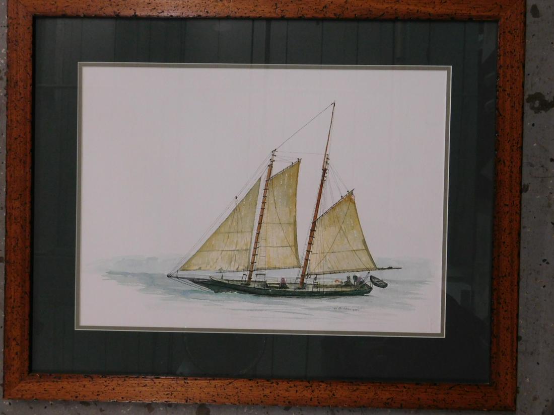 H.B. Milligan Ship Painting: H.B. Milligan Ship Painting, signed lower right, watercolor on paper, sailboat with crew, site 14 1/2" x 20 1/4", matted in distressed wood frame 23 1/4" x 29". CONDITION: Not examined out of frame.