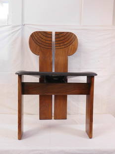 Afra & Tobia Scarpa Africa Chair: Afra & Tobia Scarpa Africa Chair, Ilaly for B & B America Inc., walnut with ebony line inlays, divided lollypop back black leather seat, flat legs, late 20th C, 30 3/4"h. CONDITION: Very good, 3" line