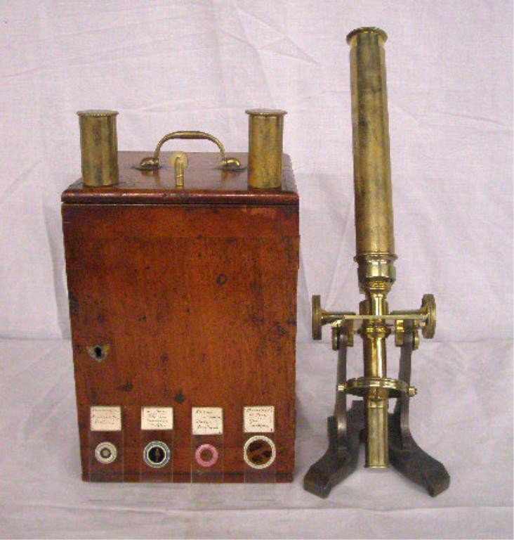 Brass Microscope In Case: Brass microscope in case, Newton Temple Bar, London, includes 1" & 1/4" lenses & 4 glass specimen slides, late 19th / early 20th C. Case size: 6 3/4" x 9 1/4" x 7 1/2". CONDITION: No issued identified