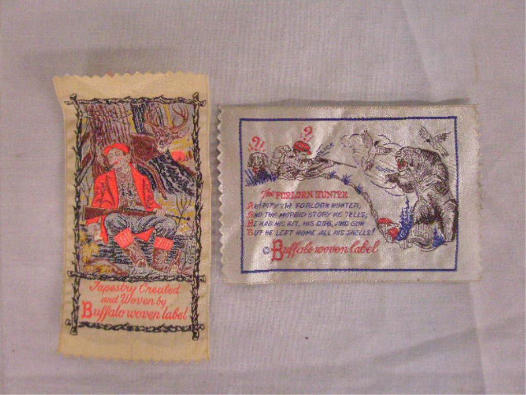 Early 20th c. Buffalo Woven Labels: Two early 20th c. hunting themed embroidered silk 5" x 3 1/4" & 5 1/2" x 2 3/4" Buffalo woven labels. CONDITION: Very good with minor wear.