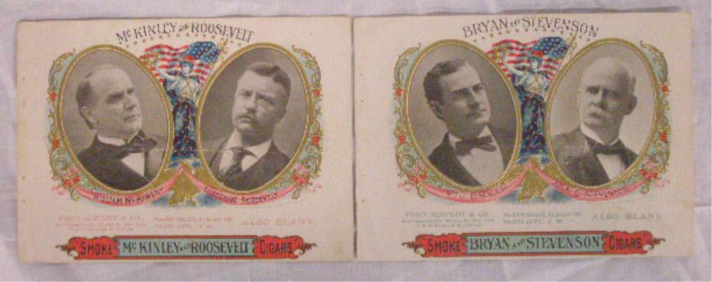 1900 Political Cigar Box Sample Labels: 1900 Schmidt & Co. New York "William McKinley and Theodore Roosevelt" & "William Jennings Bryan and Adlai E. Stevenson" 6'" x 8 1/4' chromolithograph salesman sample cigar box inner labels. CONDITION: