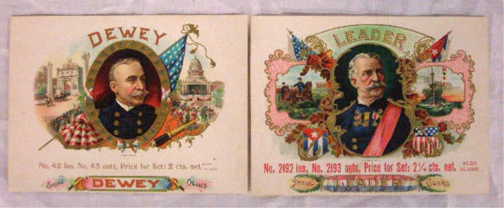 19th c. Salesman Sample Cigar Box Labels: Late 19th c. O.L. Schwencke "Dewey" & "Leader" 6"" x 8 1/4"" chromolithograph salesman sample cigar box inner labels. CONDITION: Both have minor wear & toning.