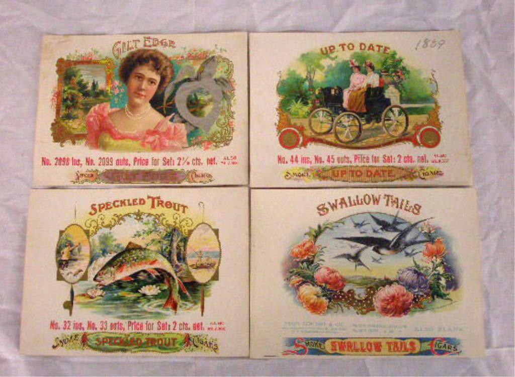 19th c. Salesman Sample Cigar Box Labels: Lot of four late 19th c. O.L. Schwencke 6 X 8 1/4" chromolithograph salesman sample cigar box inner labels, "Gilt Edge", "Speckled Trout", "Swallow Tails" & "Up To Date". CONDITION: All have minor wea