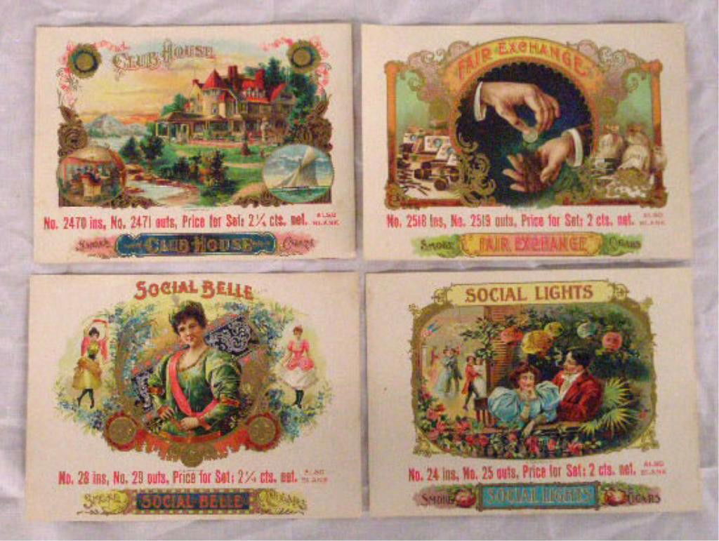 19th c. Salesman Sample Cigar Box Labels: Lot of four 19th c. O.L. Schwencke 6" x 8" chromolithograph salesman sample cigar box inner labels, "Club House", "Fair Exchange", "Social Belle" & "Social Lights". CONDITION: All have minor wear & to