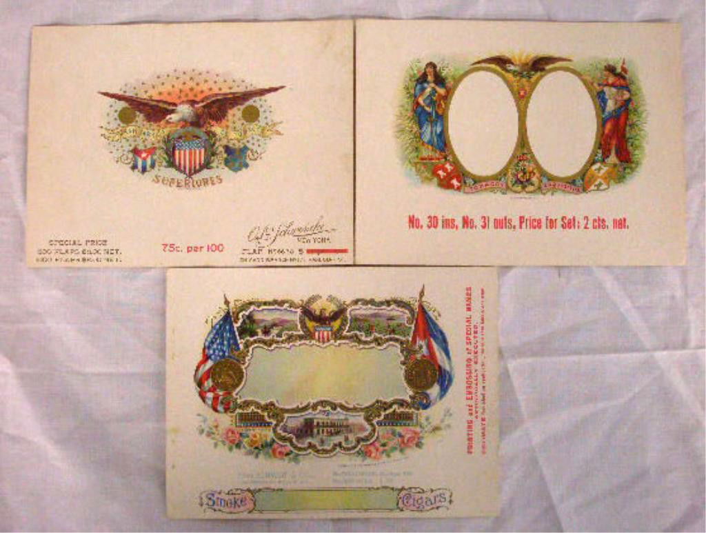 19th c. Salesman Sample Cigar Box Labels: Lot of three late 19th c. O.L. Schwencke & Schmidt & Co. 6"" x 8 1/4"" salesman sample chromolithograph cigar box inner labels. CONDITION: Minor wear & toning on 2 Schwencke, wear, tearing & holes on