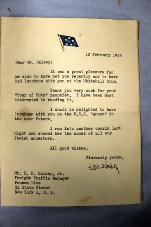 Admiral William F. Halsey Signed Letter: Admiral William F. Halsey, USN, typescript letter signed, 12 February 1953, to cousin R. H. Halsey, Jr., New York. The brief letter acknowledging their meeting ends with the statement: "I ran into ano