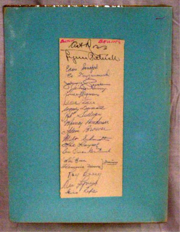 1951-1952 Boston Bruins Team Signed Sheet: 1951-1952 Boston Bruins team signed 9" x 3 1/2" sheet, includes: Art Ross (general manager H. O. F.), Lynn Patrick (Coach H.O.F.), Eddie Sanford, Ed Kryzanawski, Johnny Peirson, Jim Henry, Lorne Fergu