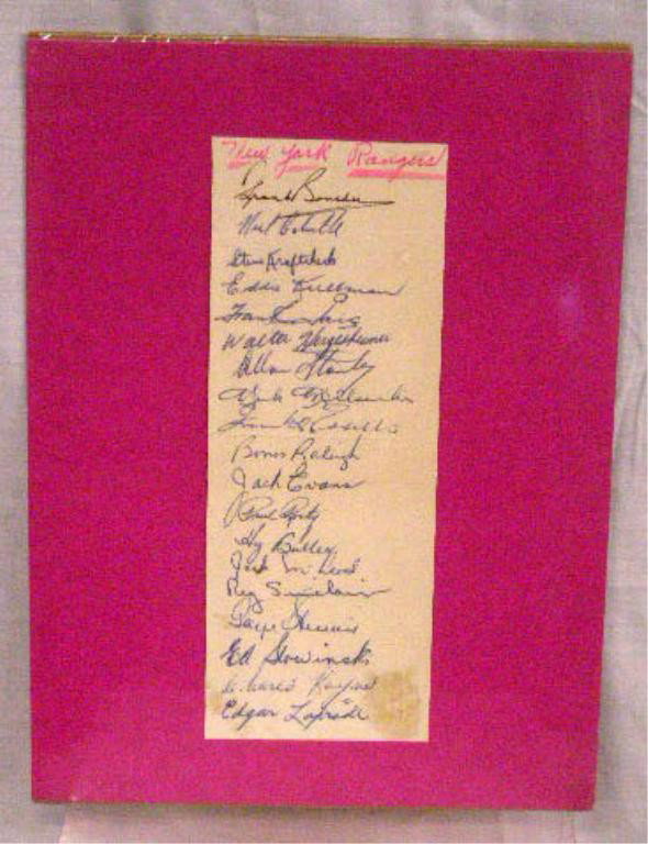 1951-1952 NY Rangers Team Signed Sheet: 1951-1952 New York Rangers team signed 9 1/2" x 3 1/2" sheet, includes: Frank Boucher (General Manager H.O.F.) Neil Colville (Coach H.O.F.), Steve Fraftcheck, Eddie Kullman, Frank Haig, Walter Hergesh