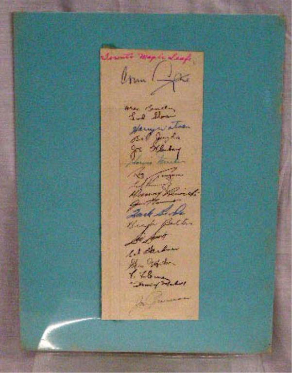 1951-1952 Toronto Maple Leafs Team Signed Sheet: 1951-1952 Toronto Maple Leafs team signed 7 3/4" x 2 3/4" sheet, includes: Conn Smythe (owner H.O.F.), Max Bentley (H.O.F.), Tod Sloan Watson, Bill Juda, Joe Klukay, Howie Meeker, Ray Timgren, Ted Ken