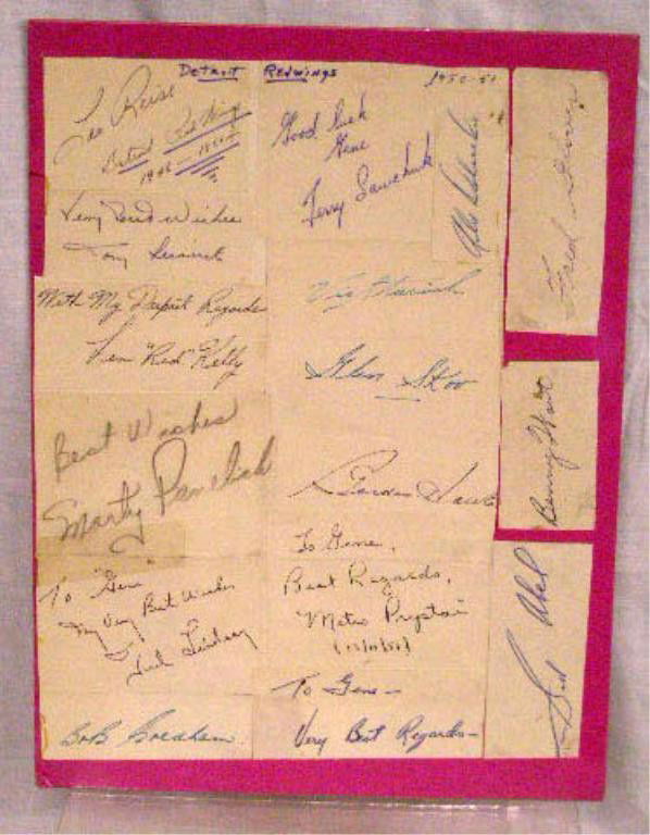 1950-1951 Detroit Red Wings Cut Signatures: 1950-1951 Detroit Red Wings cut signatures, 11" x 7" sheet, includes Leo Reise, Tony Leswick, Len "Red" Kelly (H.O.F.), Marty Pavelich, Ted Lindsay (H.O.F.), Bob Goldham, Terry Sawchuk (H.O.F.), Alex