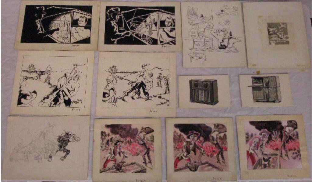 Don Barclay Illustration Art: Lot of eleven assorted Don Barclay mid 20th c. commercial & cartoon illustration art ink, watercolor & gouache work-ups, most of them signed Don Barclay. CONDITION: Typical marks & imperfections in ma