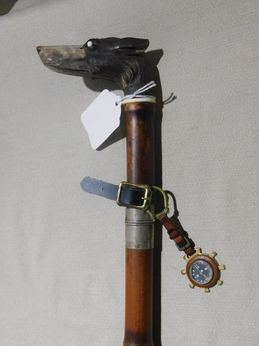 Dog Head Cane w/Compass: Dog head cane. Handle: Carved and polychromed greyhound with bulging glass eyes. (50) Collar: bakelite ring, and added leather belt and buckle with pendant leather strap holding a compass. Shaft: Bamb