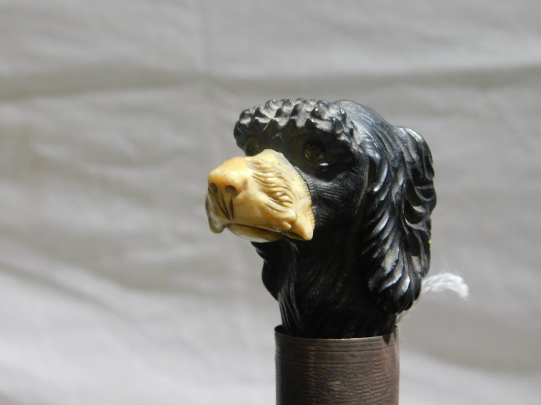 Dog Head Cane: Dog Head Cane. Handle: Carved dark wood? Spaniel dog with glass eye & carved mouth &nose. Collar: ribbed sterling silver. Shaft: Hardwood. Ferrule: Brass. Length: 30 1/4". Vintage: Late 19th C.[17] CO